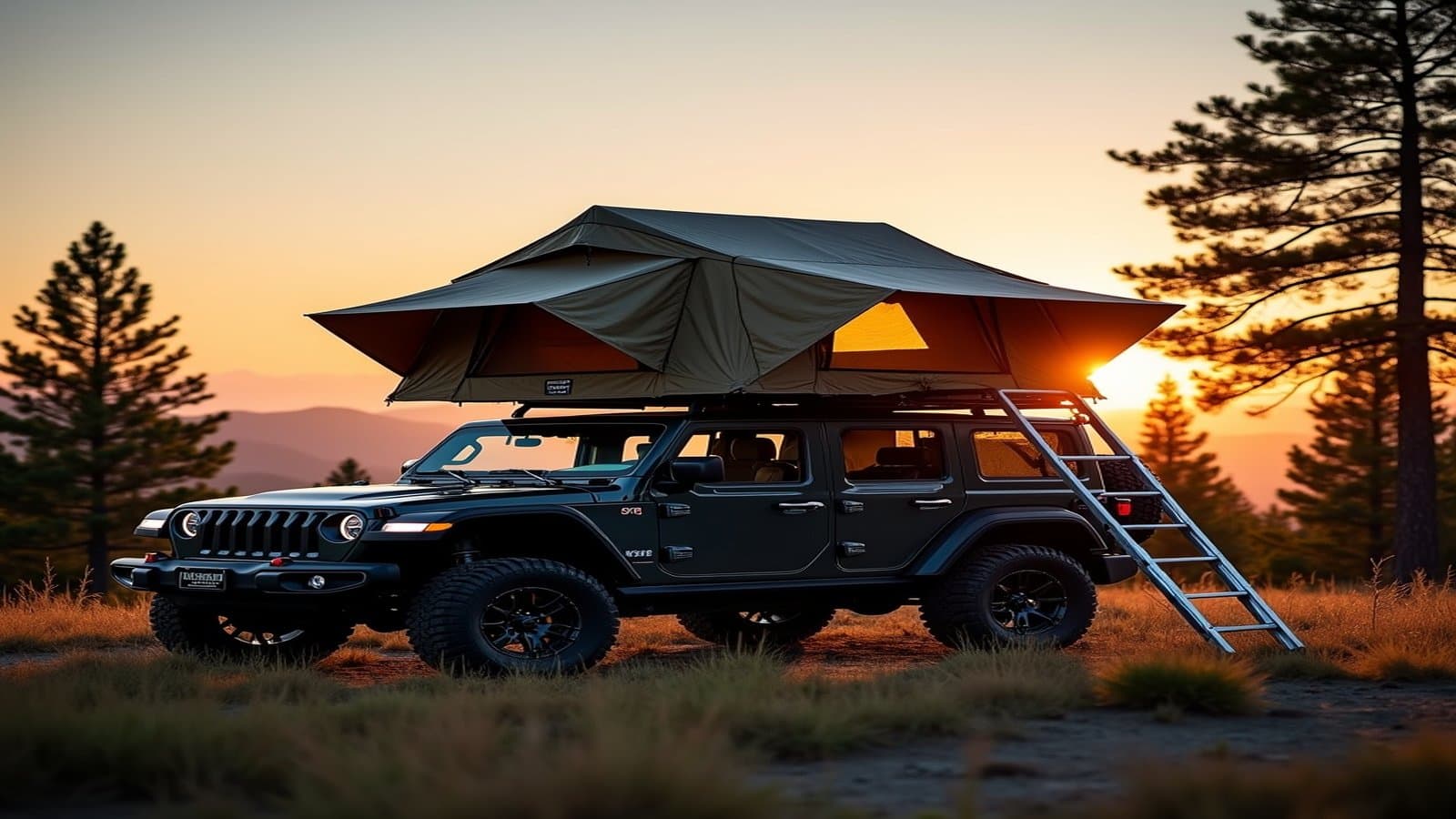 Rooftop tent deployed on an SUV at a mountain campsite during golden hour